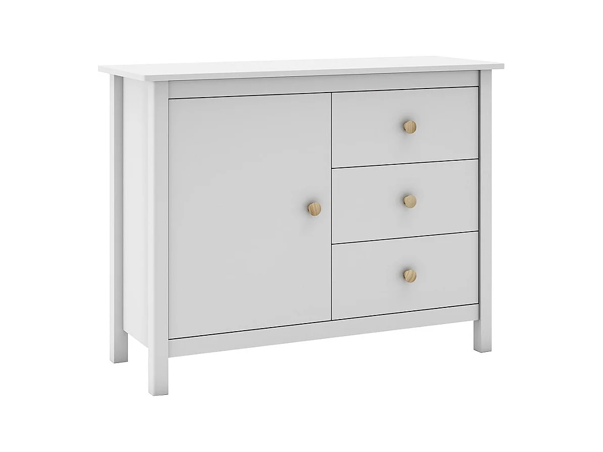 DAVA - Meuble de Rangement 1 Porte 3 Tiroirs en Pin Massif Blanc