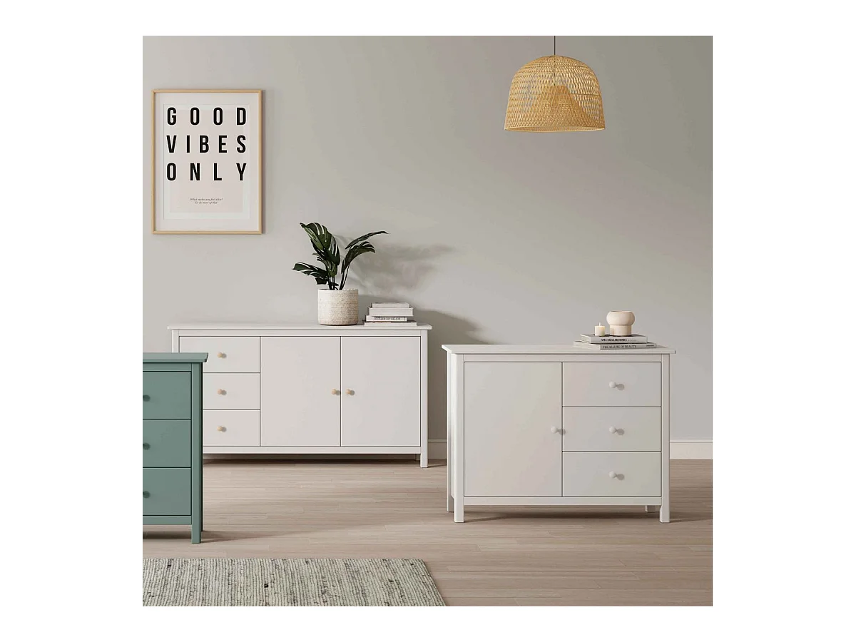 DAVA - Meuble de Rangement 1 Porte 3 Tiroirs en Pin Massif Blanc