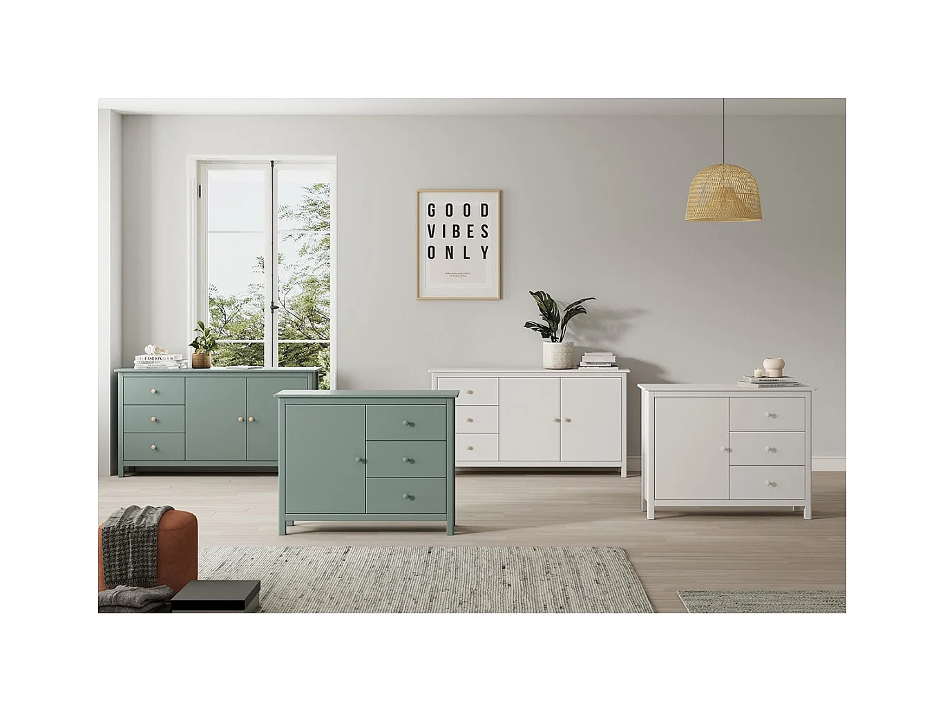 DAVA - Meuble de Rangement 1 Porte 3 Tiroirs en Pin Massif Blanc