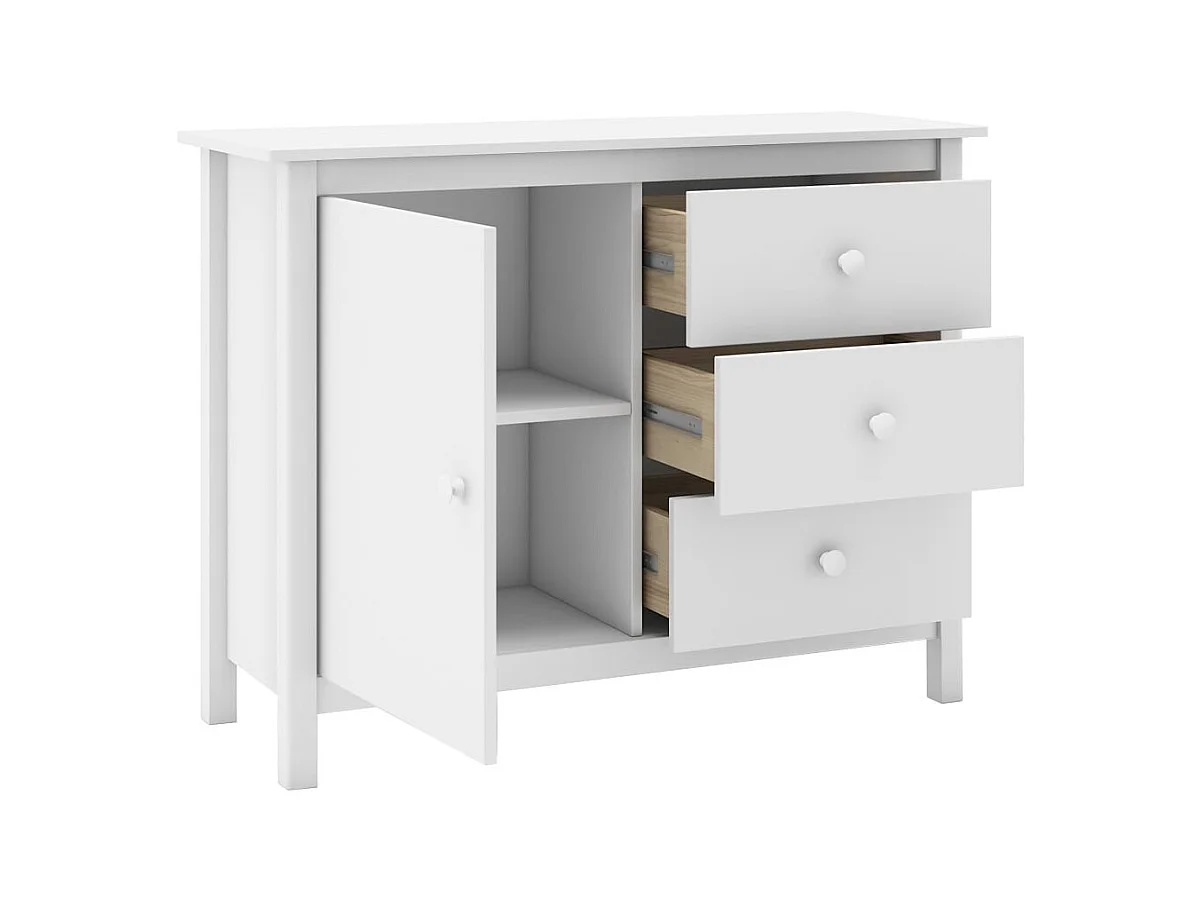 DAVA - Meuble de Rangement 1 Porte 3 Tiroirs en Pin Massif Blanc