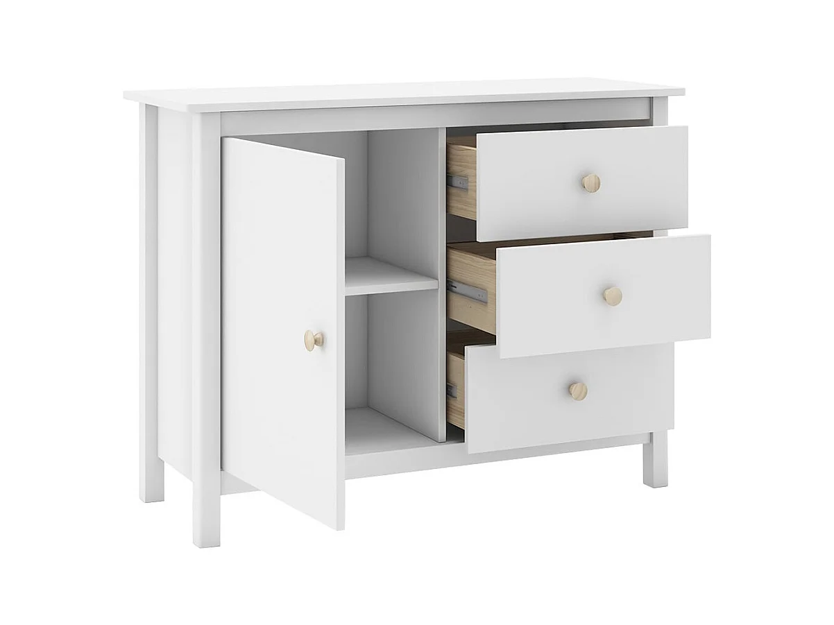 DAVA - Meuble de Rangement 1 Porte 3 Tiroirs en Pin Massif Blanc