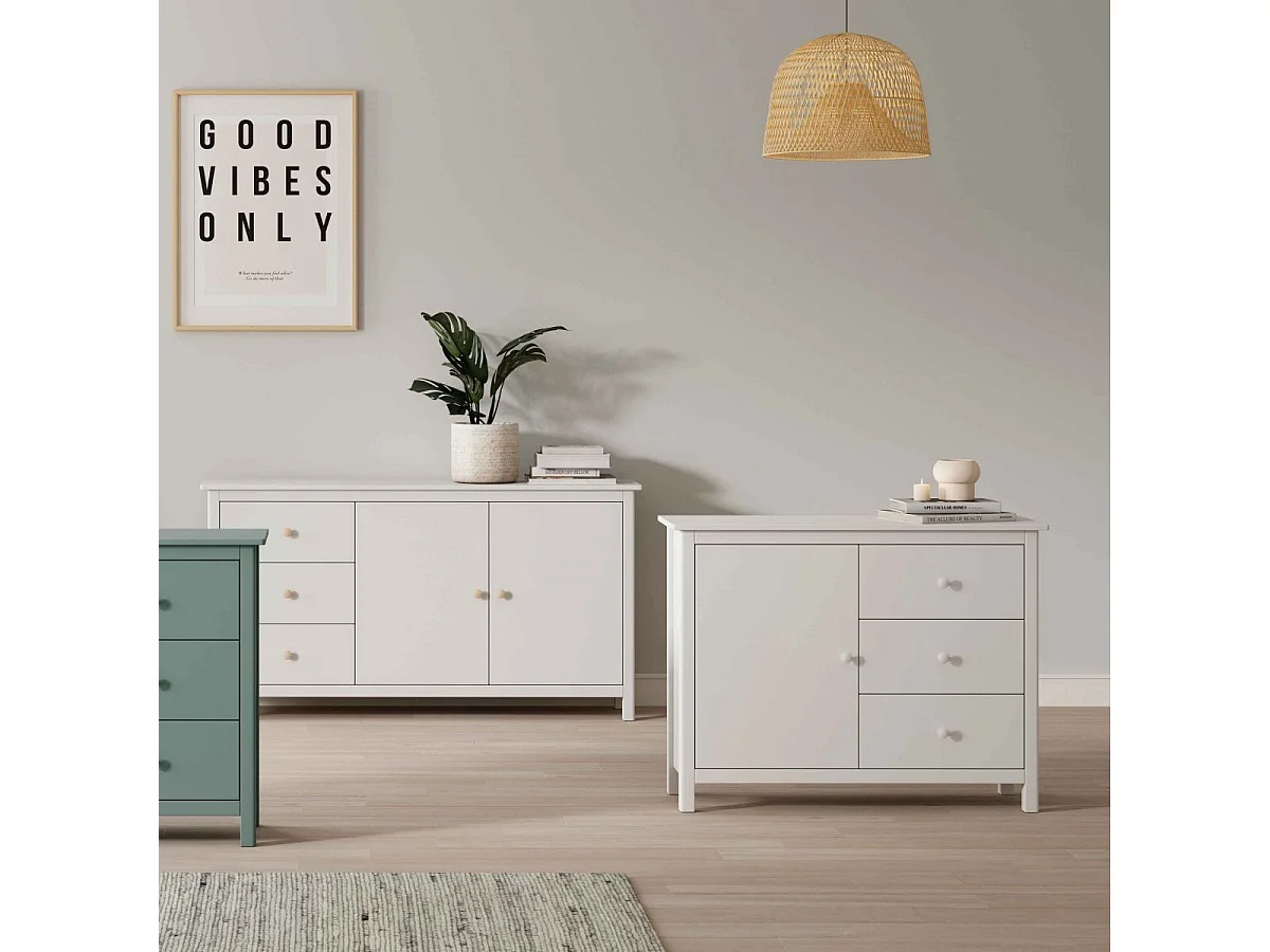 DAVA - Meuble de Rangement 1 Porte 3 Tiroirs en Pin Massif Blanc