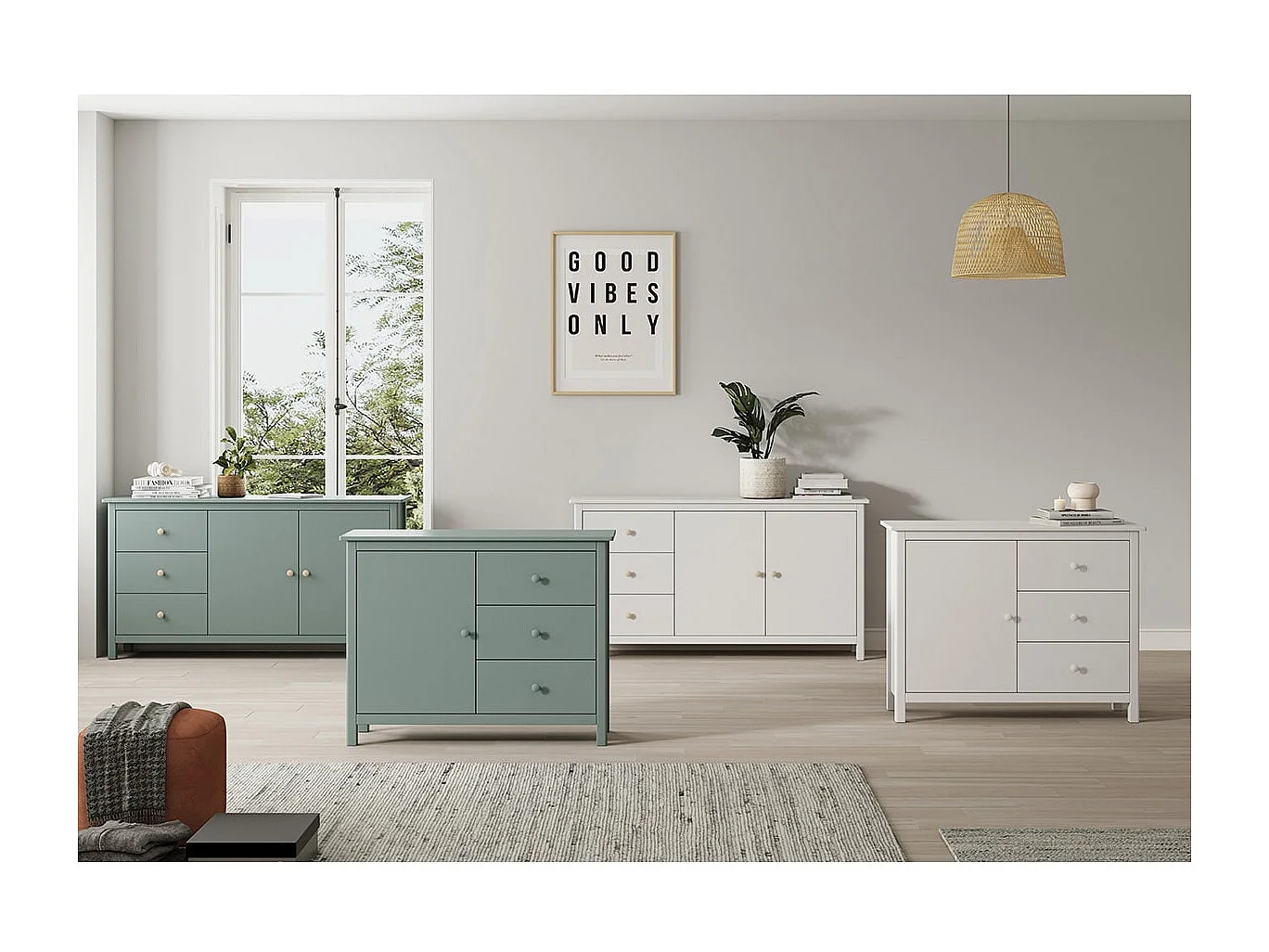 DAVA - Meuble de Rangement 1 Porte 3 Tiroirs en Pin Massif Blanc