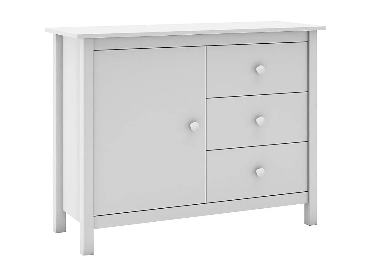 DAVA - Meuble de Rangement 1 Porte 3 Tiroirs en Pin Massif Blanc