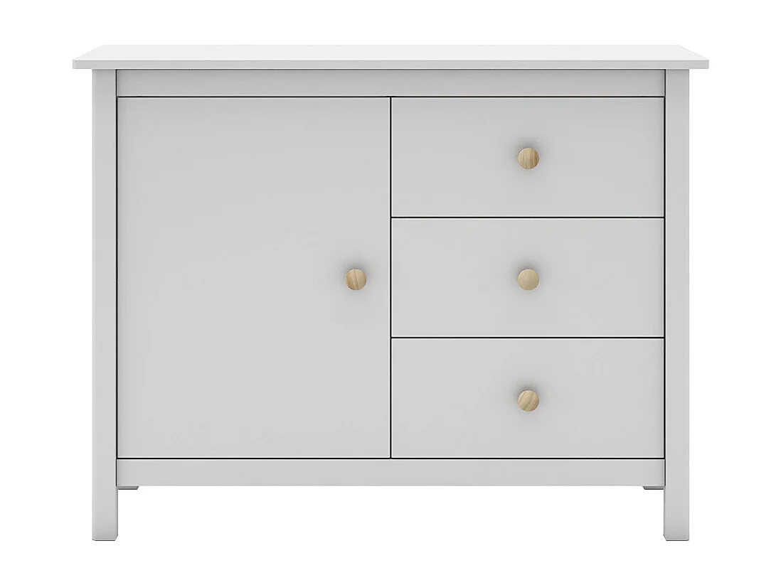 DAVA - Meuble de Rangement 1 Porte 3 Tiroirs en Pin Massif Blanc