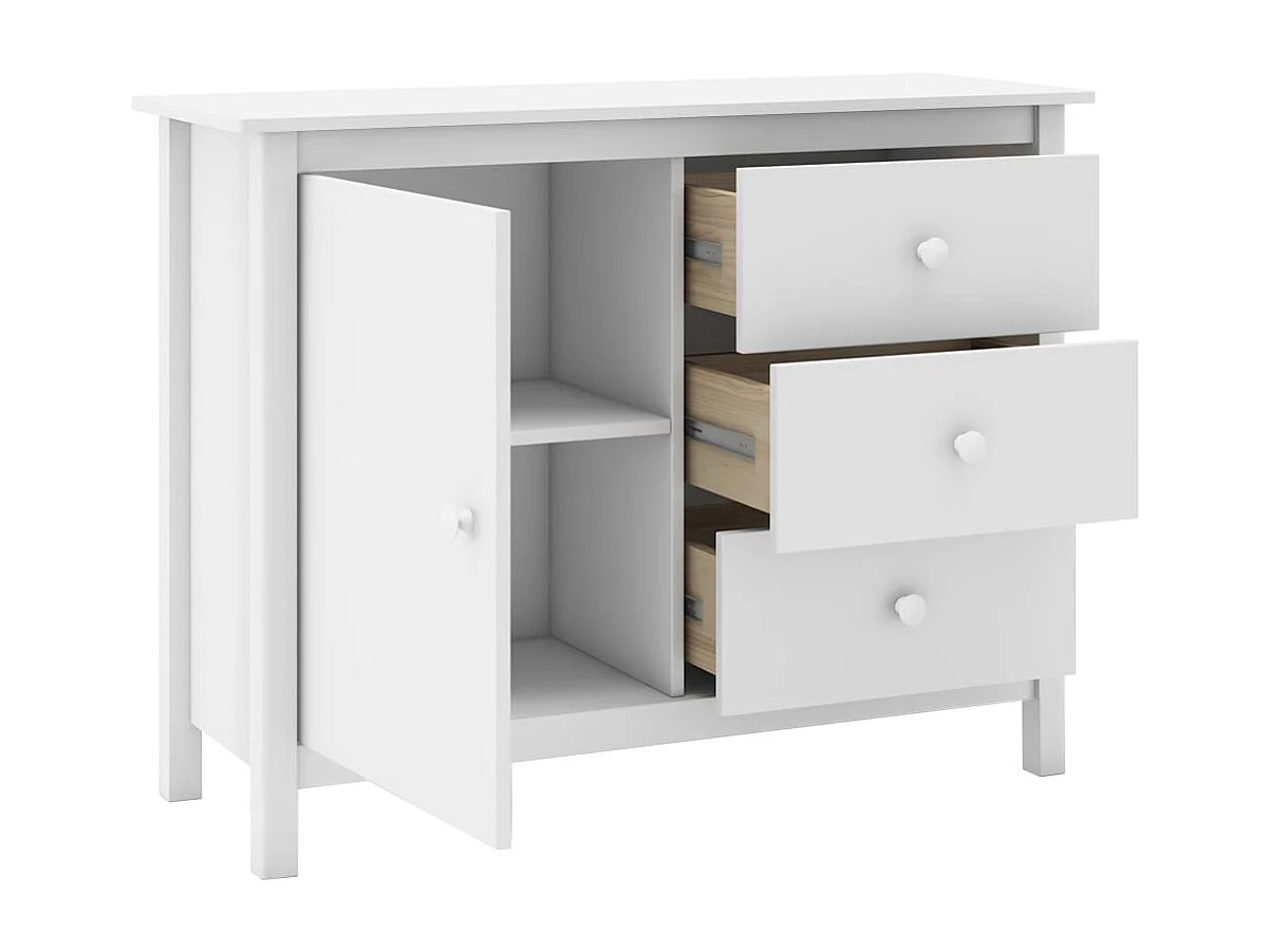 DAVA - Meuble de Rangement 1 Porte 3 Tiroirs en Pin Massif Blanc