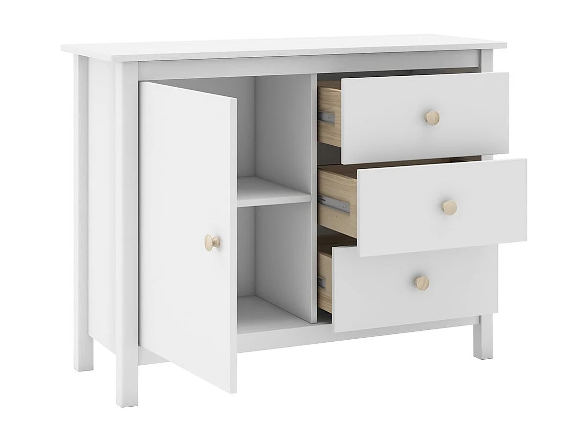 DAVA - Meuble de Rangement 1 Porte 3 Tiroirs en Pin Massif Blanc