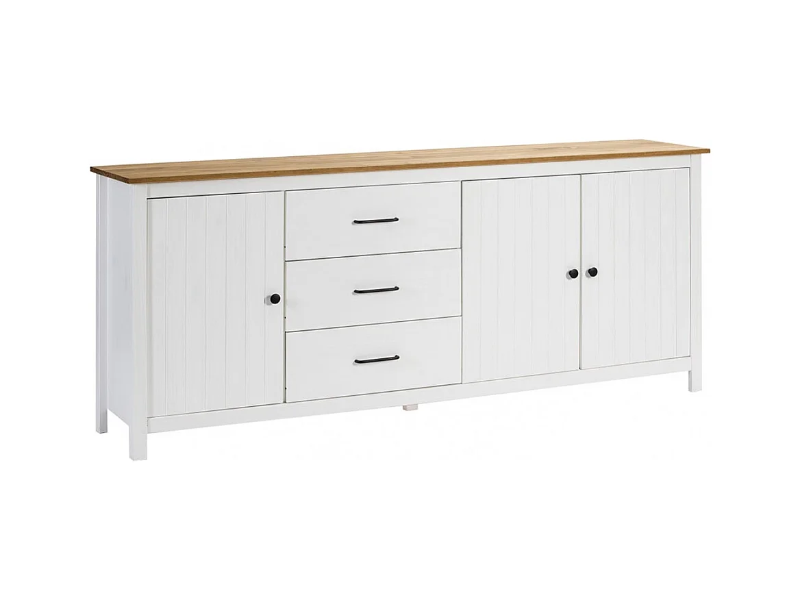 TINA - Buffet Bas 3 Portes 3 Tiroirs Bois Ciré et Blanc