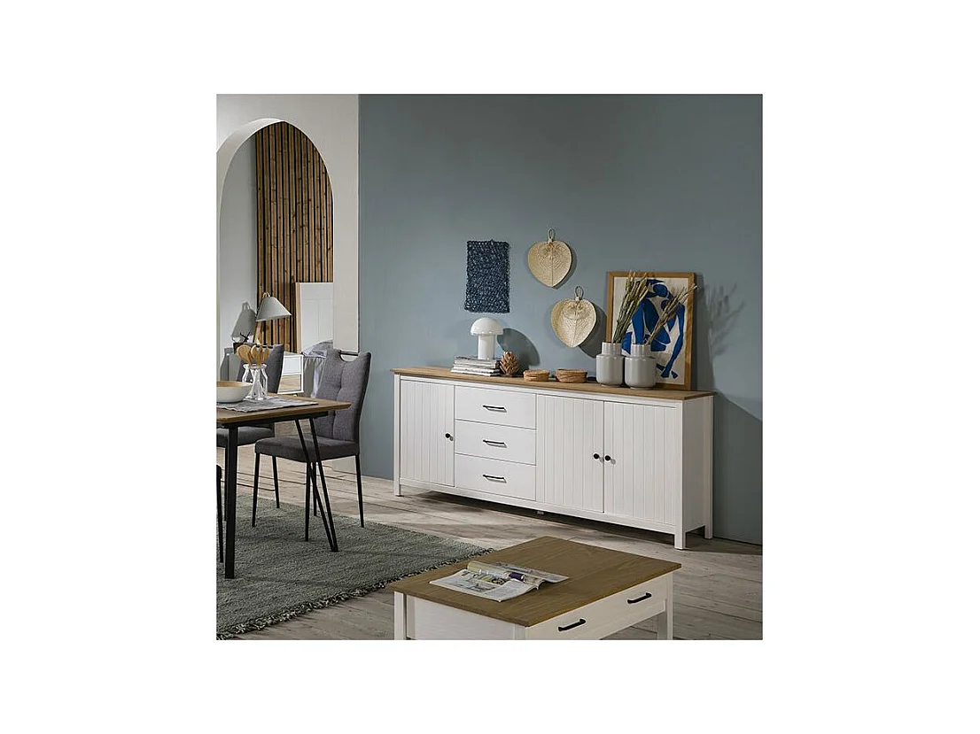 TINA - Buffet Bas 3 Portes 3 Tiroirs Bois Ciré et Blanc
