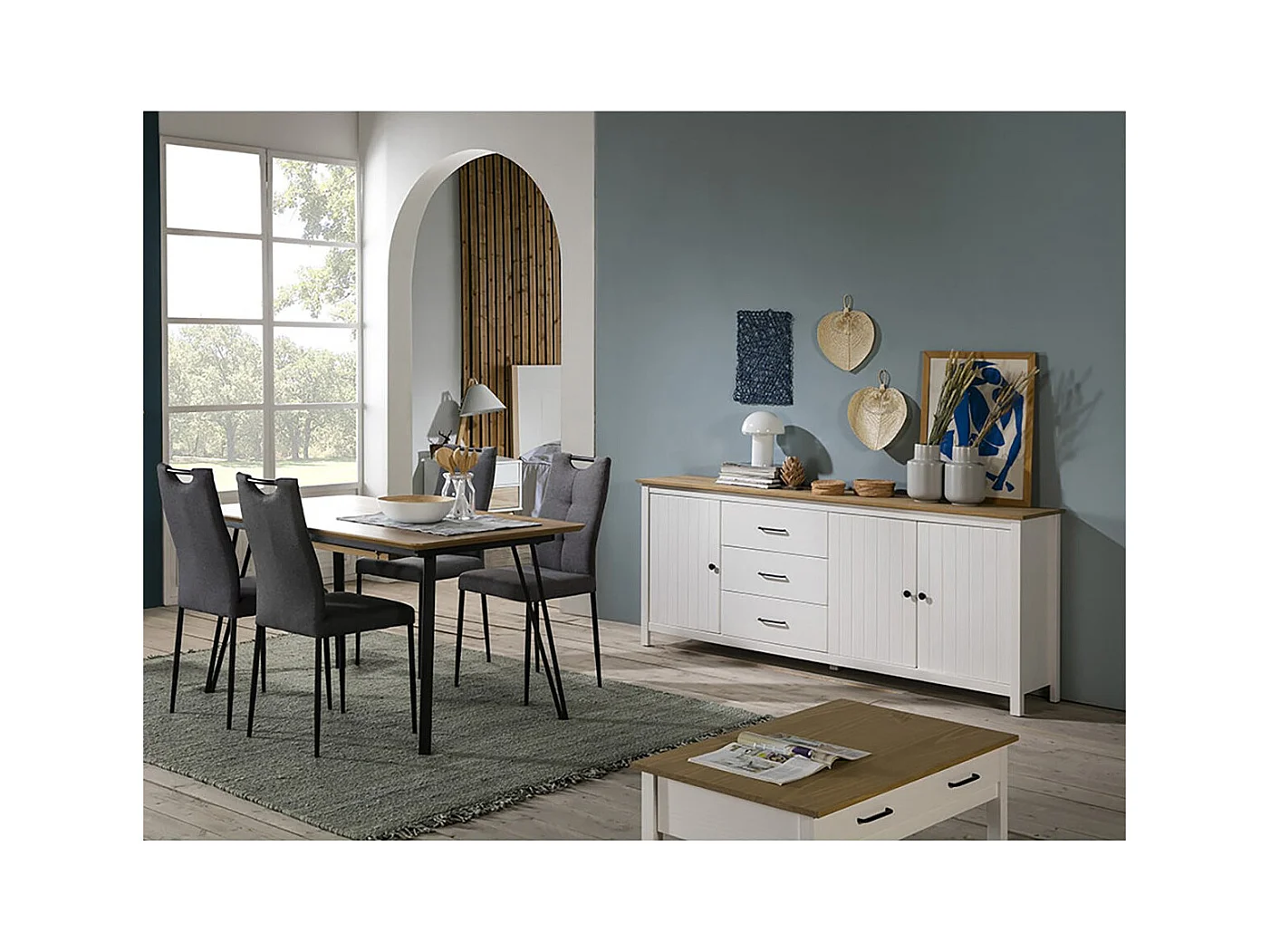 TINA - Buffet Bas 3 Portes 3 Tiroirs Bois Ciré et Blanc