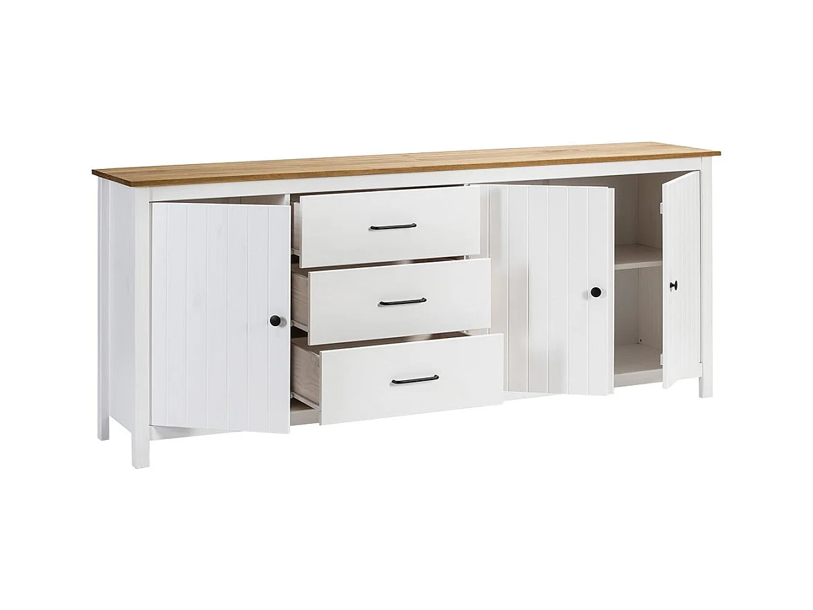 TINA - Buffet Bas 3 Portes 3 Tiroirs Bois Ciré et Blanc