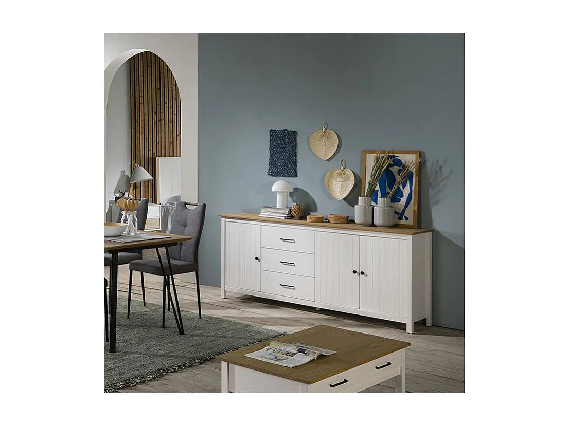 TINA - Buffet Bas 3 Portes 3 Tiroirs Bois Ciré et Blanc