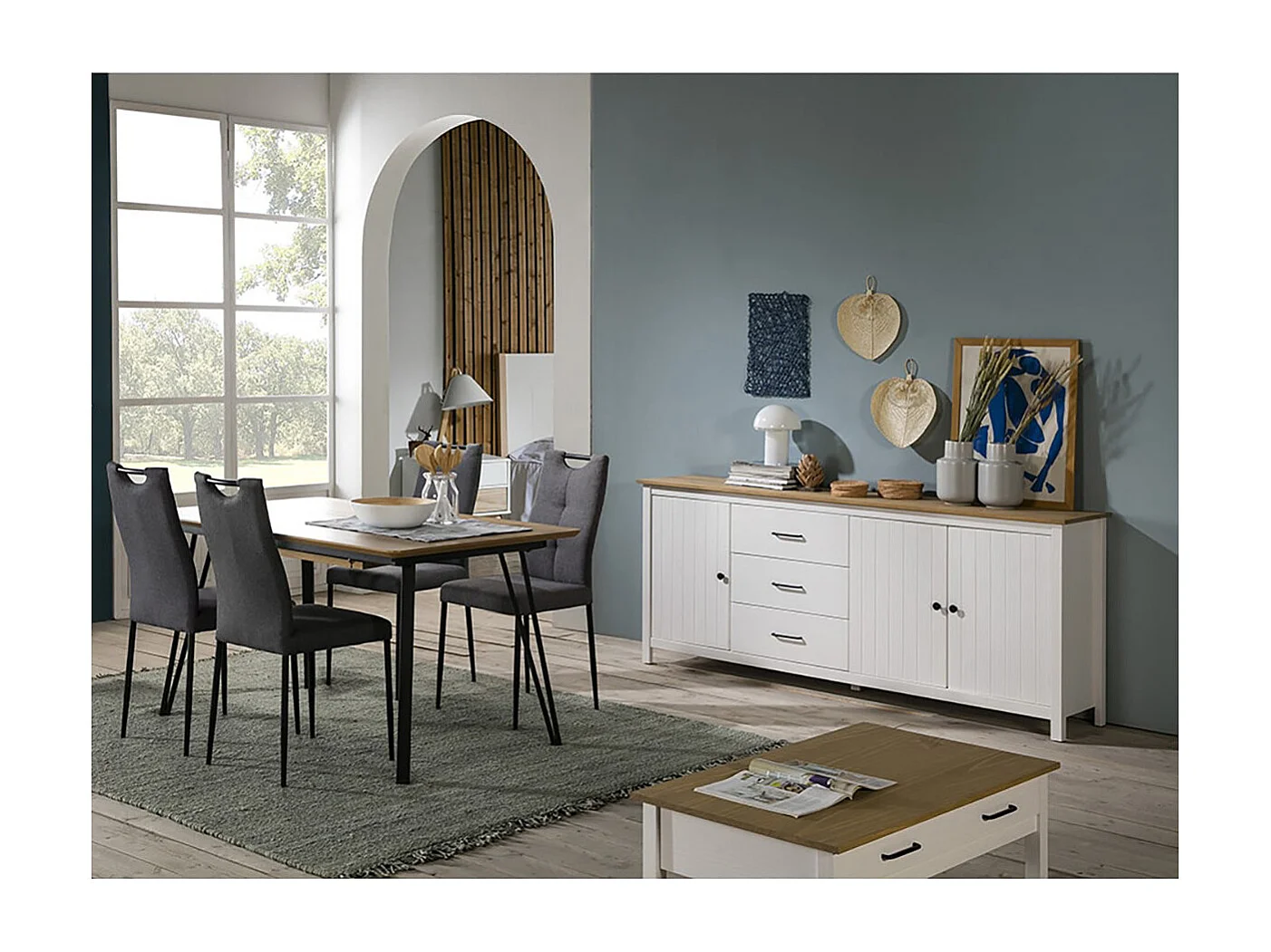 TINA - Buffet Bas 3 Portes 3 Tiroirs Bois Ciré et Blanc