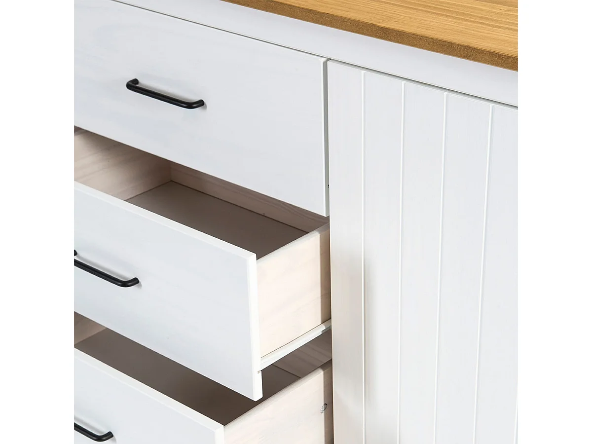 TINA - Buffet Bas 3 Portes 3 Tiroirs Bois Ciré et Blanc