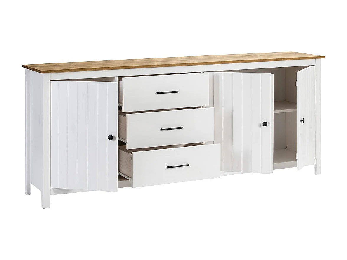 TINA - Buffet Bas 3 Portes 3 Tiroirs Bois Ciré et Blanc