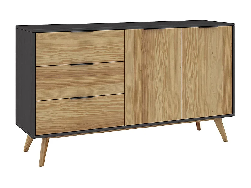 VIKOV - Buffet 140cm 2 Portes 3 Tiroirs Scandinave en Pin Massif Ciré