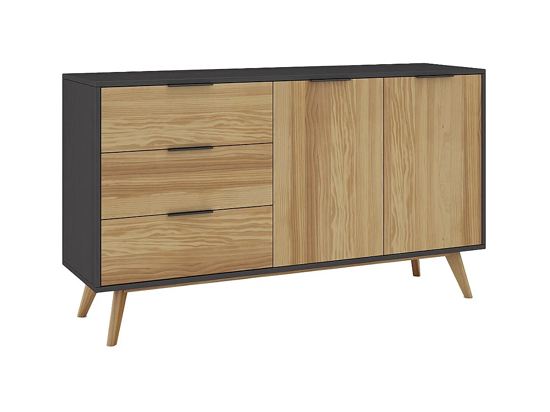 VIKOV - Buffet 140cm 2 Portes 3 Tiroirs Scandinave en Pin Massif Ciré