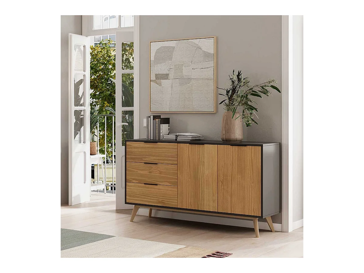 VIKOV - Buffet 140cm 2 Portes 3 Tiroirs Scandinave en Pin Massif Ciré