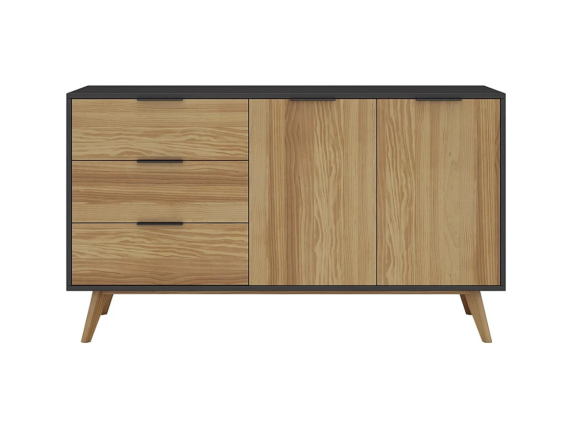 VIKOV - Buffet 140cm 2 Portes 3 Tiroirs Scandinave en Pin Massif Ciré