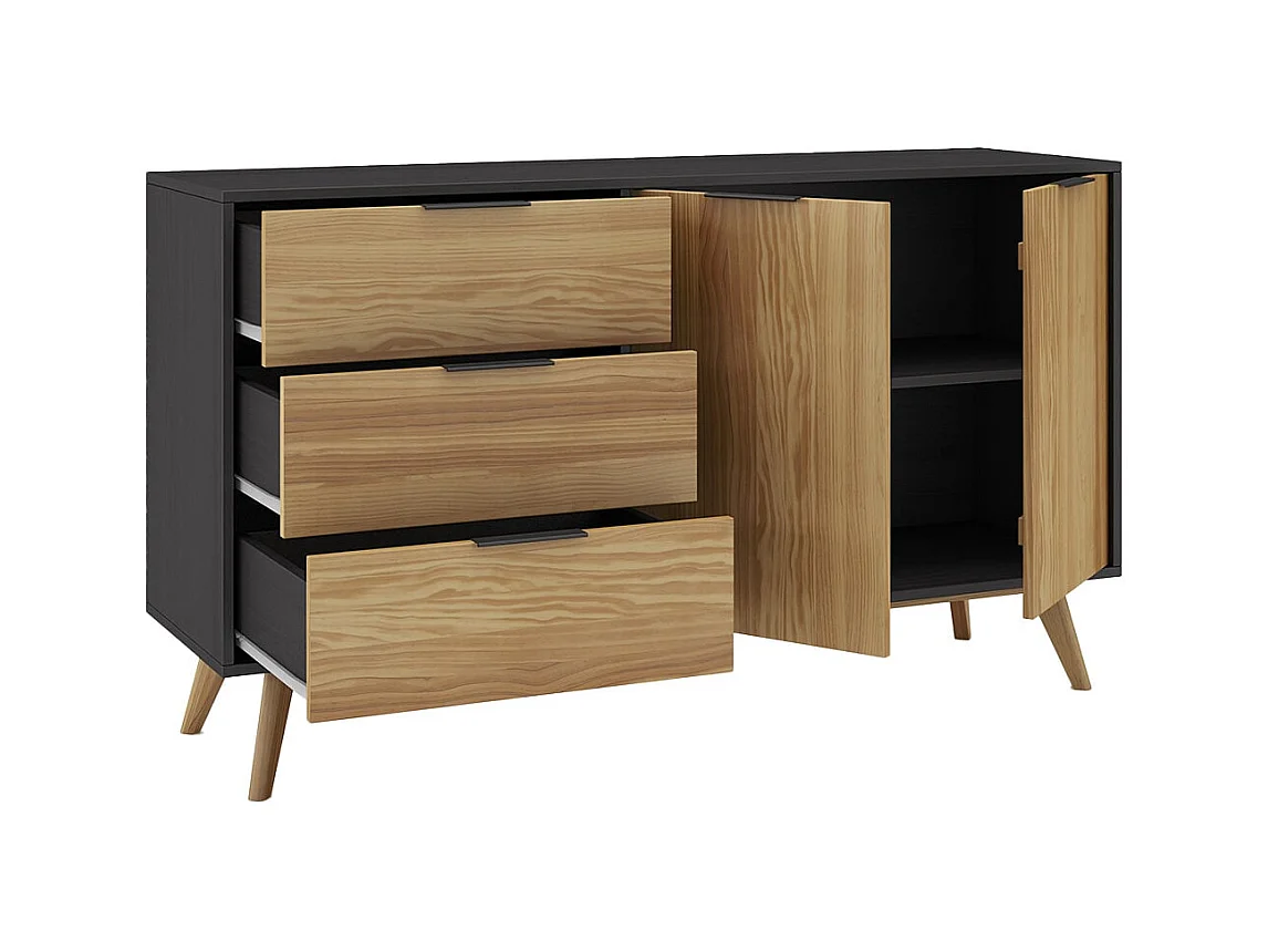 VIKOV - Buffet 140cm 2 Portes 3 Tiroirs Scandinave en Pin Massif Ciré