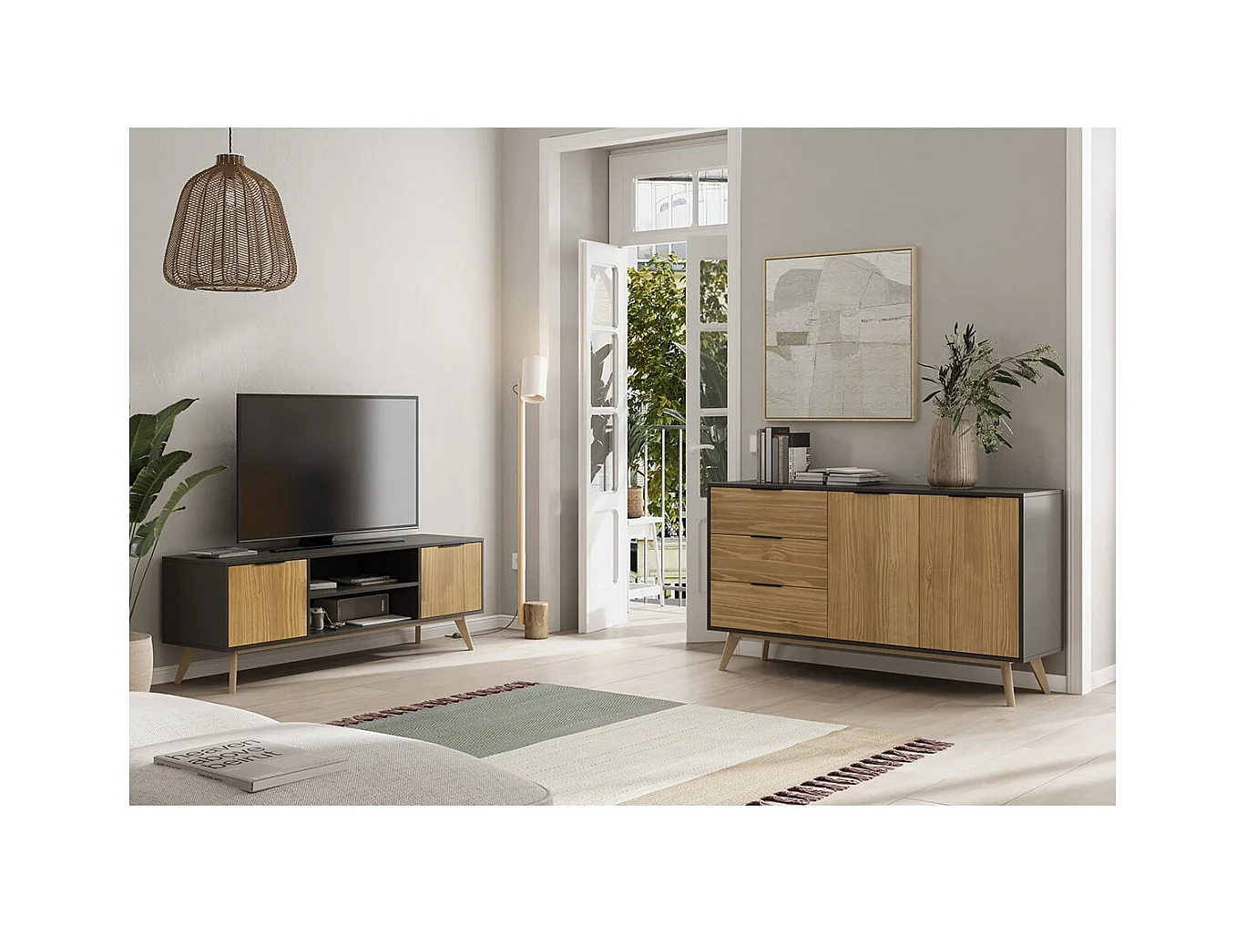 VIKOV - Buffet 140cm 2 Portes 3 Tiroirs Scandinave en Pin Massif Ciré