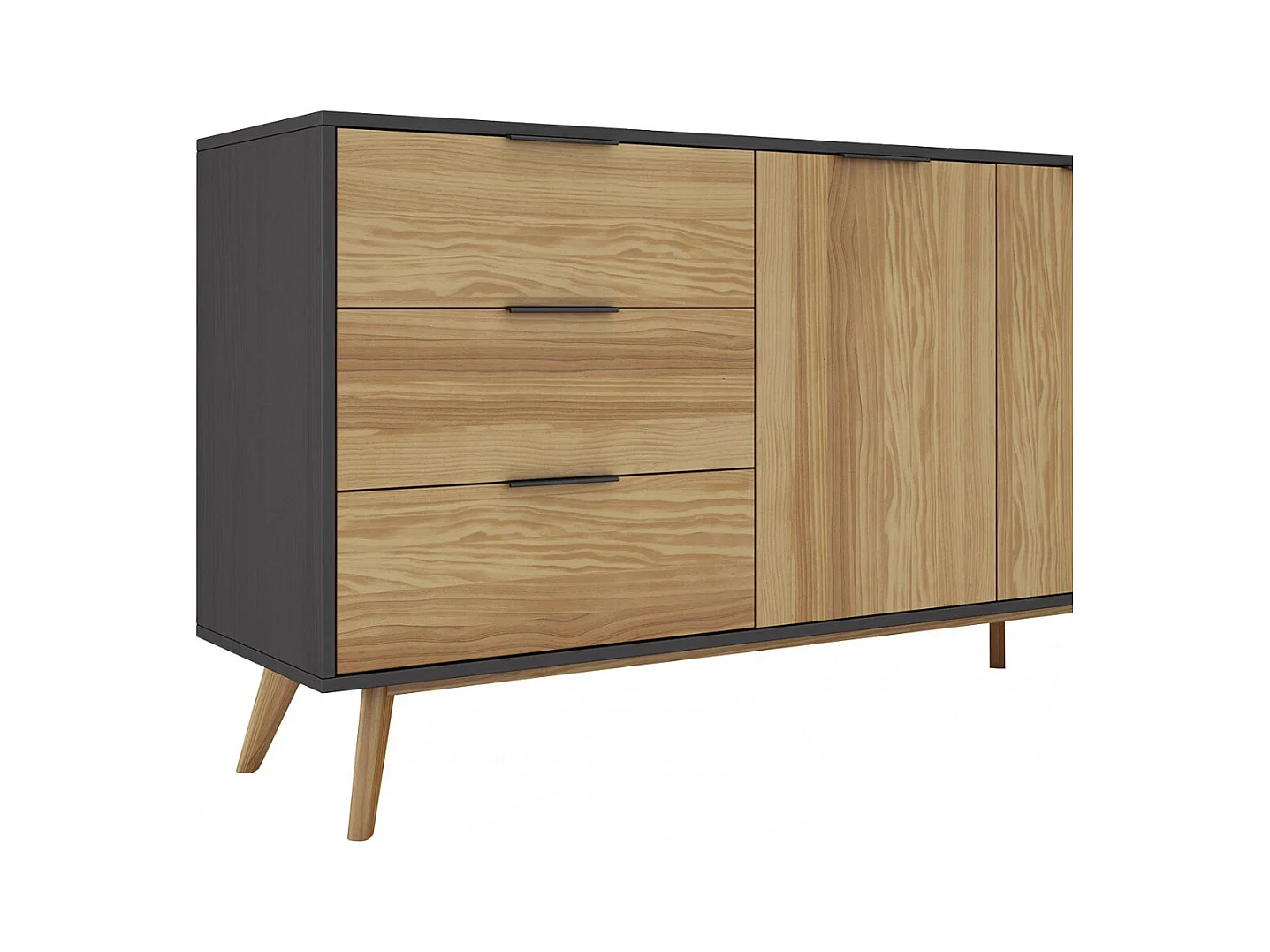 VIKOV - Buffet 140cm 2 Portes 3 Tiroirs Scandinave en Pin Massif Ciré
