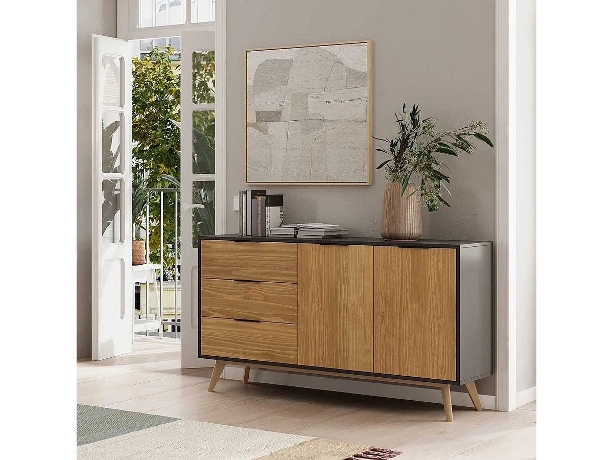 VIKOV - Buffet 140cm 2 Portes 3 Tiroirs Scandinave en Pin Massif Ciré