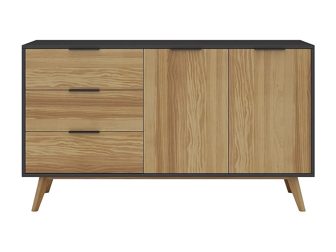 VIKOV - Buffet 140cm 2 Portes 3 Tiroirs Scandinave en Pin Massif Ciré