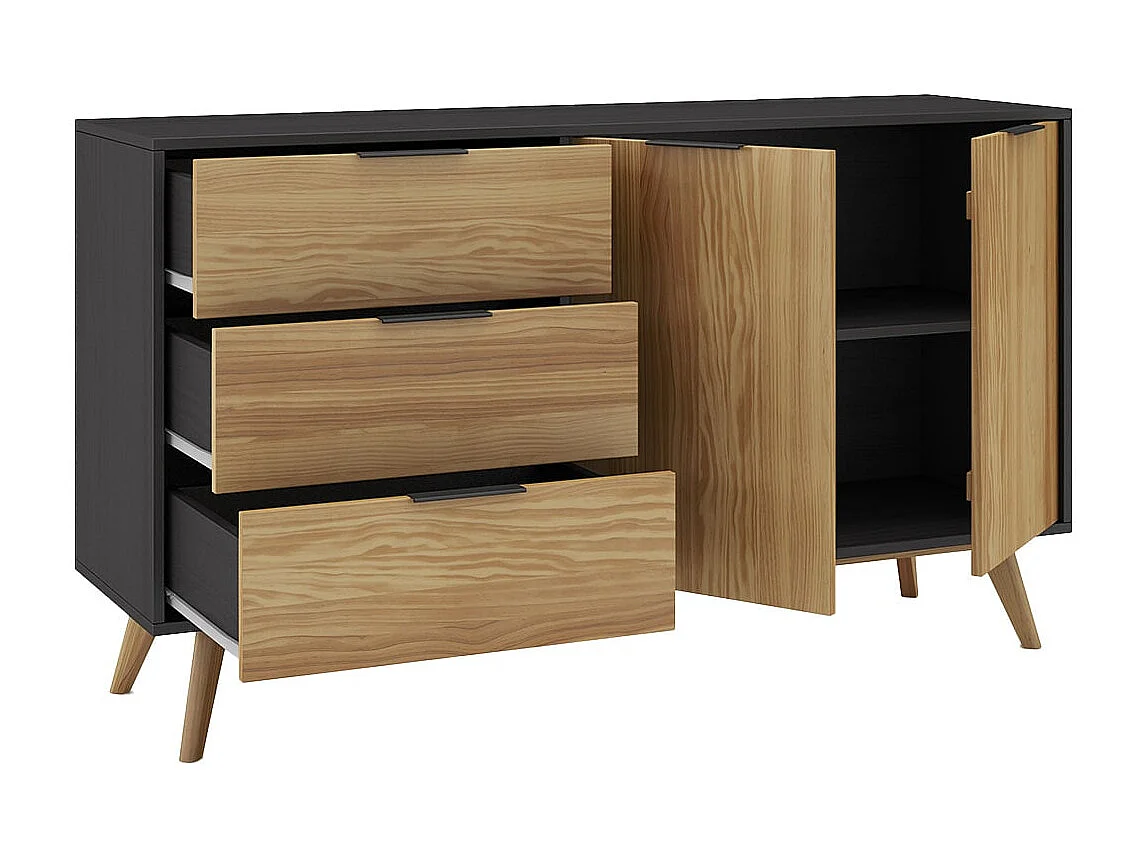 VIKOV - Buffet 140cm 2 Portes 3 Tiroirs Scandinave en Pin Massif Ciré