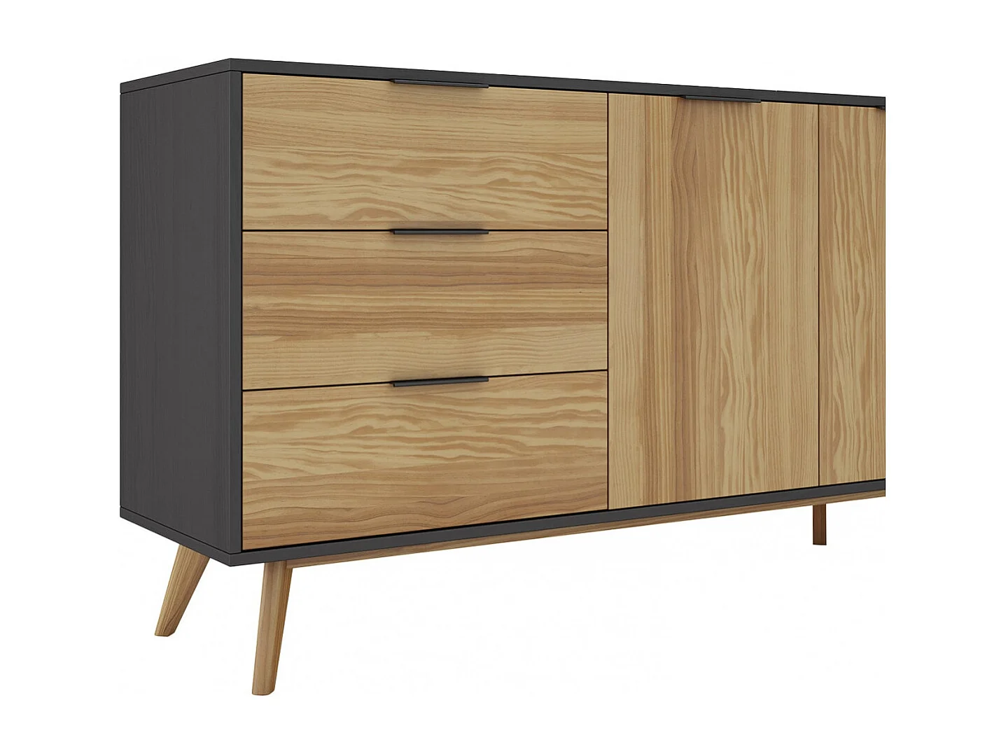 VIKOV - Buffet 140cm 2 Portes 3 Tiroirs Scandinave en Pin Massif Ciré