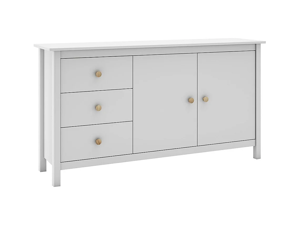 DAVA - Buffet L.130cm 2 Portes 3 Tiroirs en Pin Massif Blanc