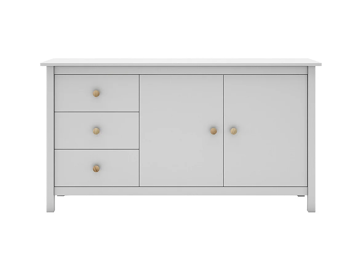 DAVA - Buffet L.130cm 2 Portes 3 Tiroirs en Pin Massif Blanc