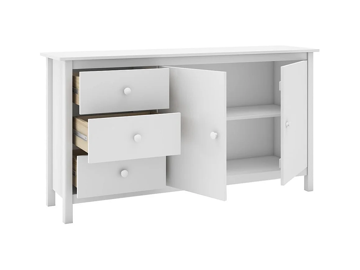 DAVA - Buffet L.130cm 2 Portes 3 Tiroirs en Pin Massif Blanc