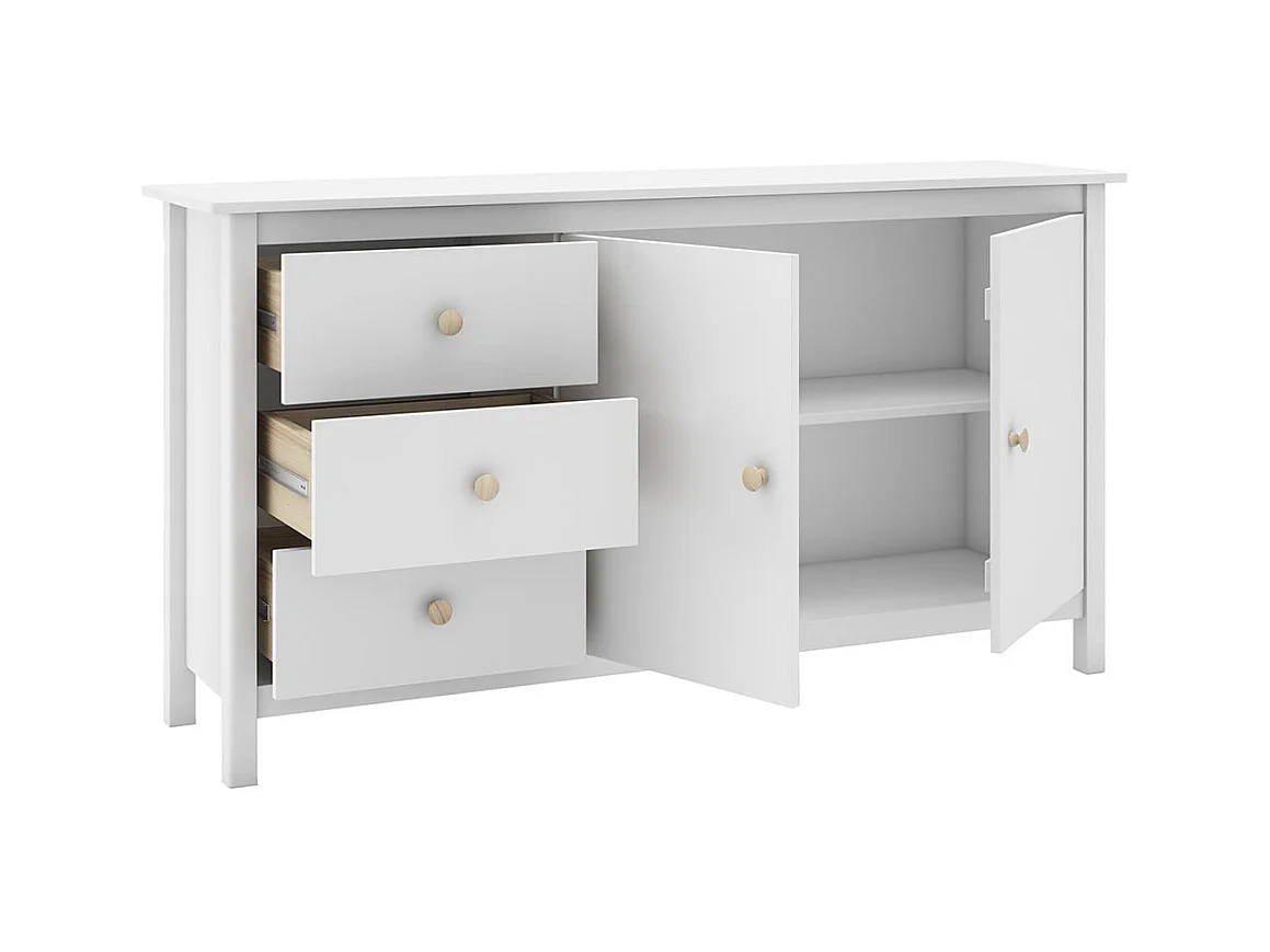 DAVA - Buffet L.130cm 2 Portes 3 Tiroirs en Pin Massif Blanc