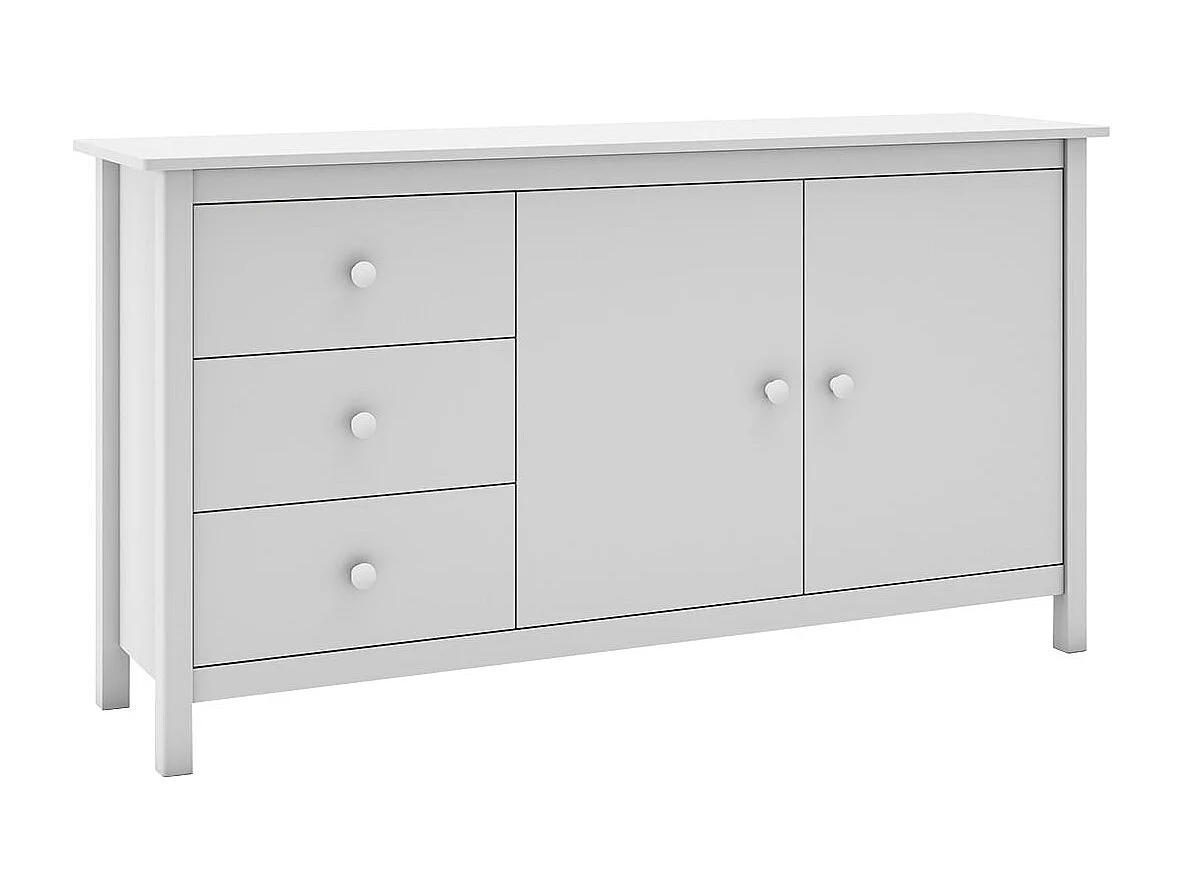 DAVA - Buffet L.130cm 2 Portes 3 Tiroirs en Pin Massif Blanc