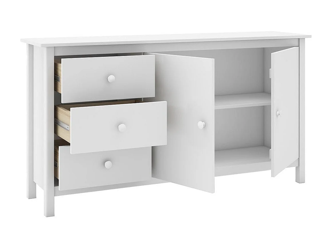 DAVA - Buffet L.130cm 2 Portes 3 Tiroirs en Pin Massif Blanc