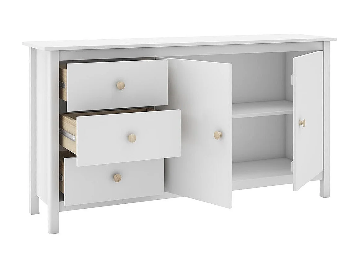 DAVA - Buffet L.130cm 2 Portes 3 Tiroirs en Pin Massif Blanc