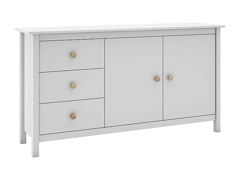 DAVA - Buffet L.130cm 2 Portes 3 Tiroirs en Pin Massif Blanc