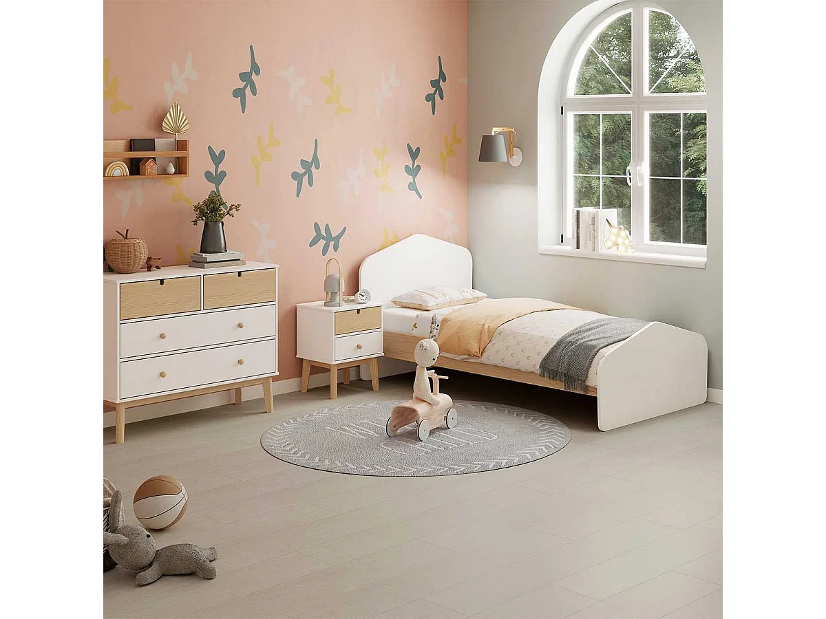 KAINA - Lit 90x190cm MDF et Pin Coloris Blanc et Naturel