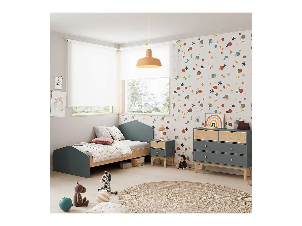 KAINA - Lit 90x190cm MDF et Pin Coloris Gris Vert et Naturel