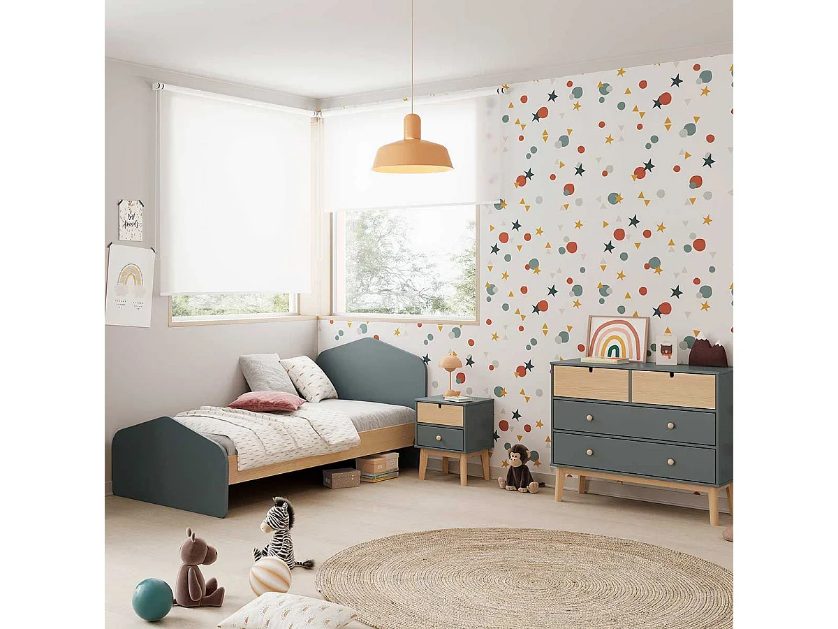KAINA - Lit 90x190cm MDF et Pin Coloris Gris Vert et Naturel