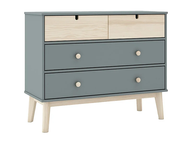 KAINA - Commode 4 Tiroirs MDF et Pin Coloris Gris Vert et Naturel
