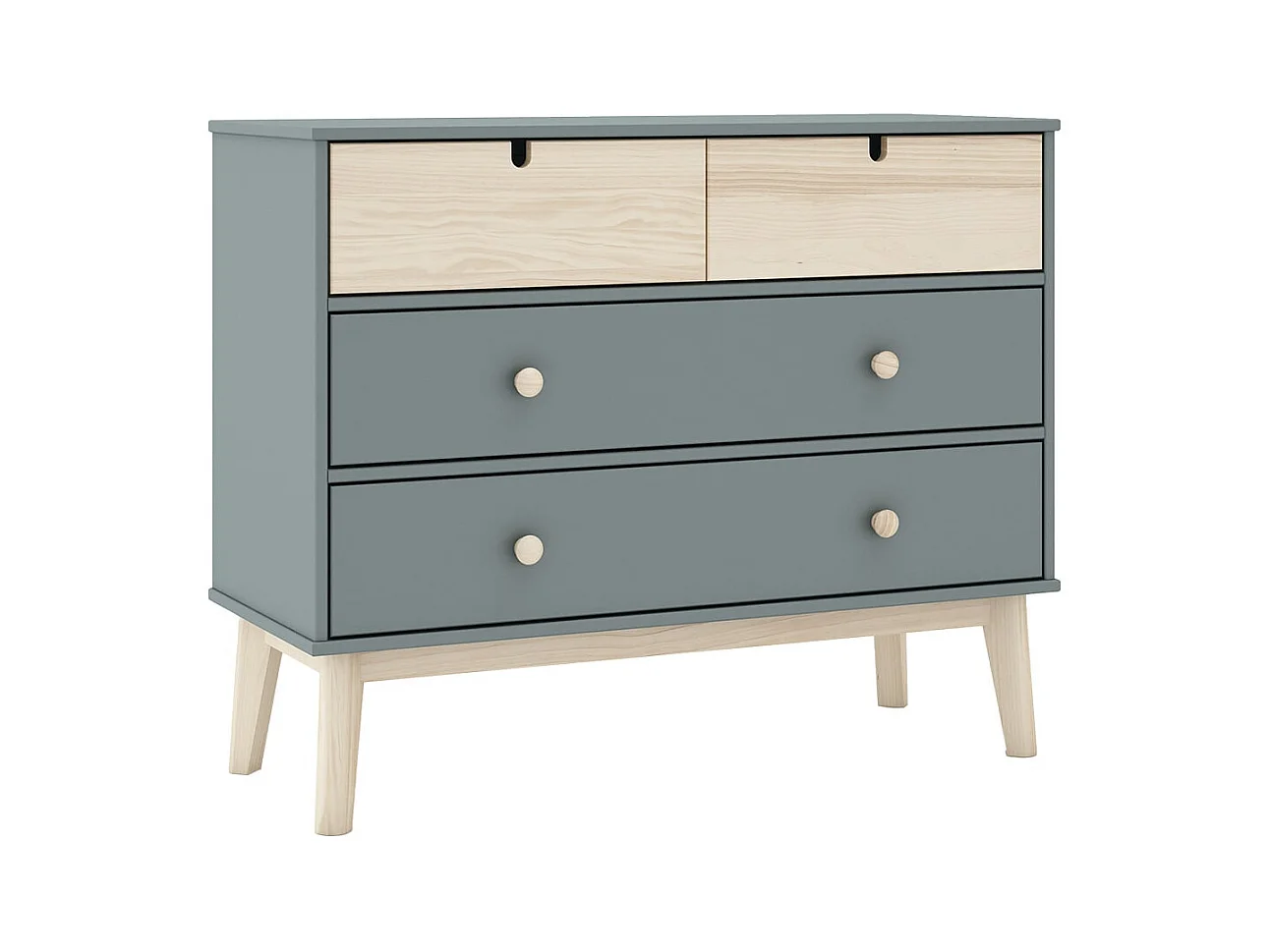 KAINA - Commode 4 Tiroirs MDF et Pin Coloris Gris Vert et Naturel