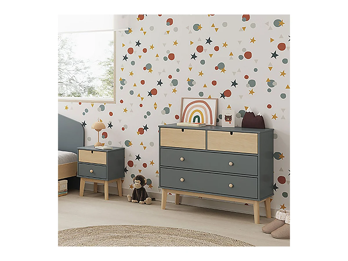 KAINA - Commode 4 Tiroirs MDF et Pin Coloris Gris Vert et Naturel