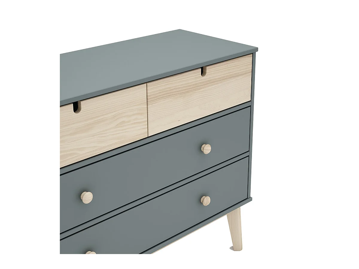 KAINA - Commode 4 Tiroirs MDF et Pin Coloris Gris Vert et Naturel