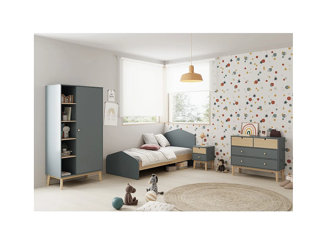KAINA - Commode 4 Tiroirs MDF et Pin Coloris Gris Vert et Naturel