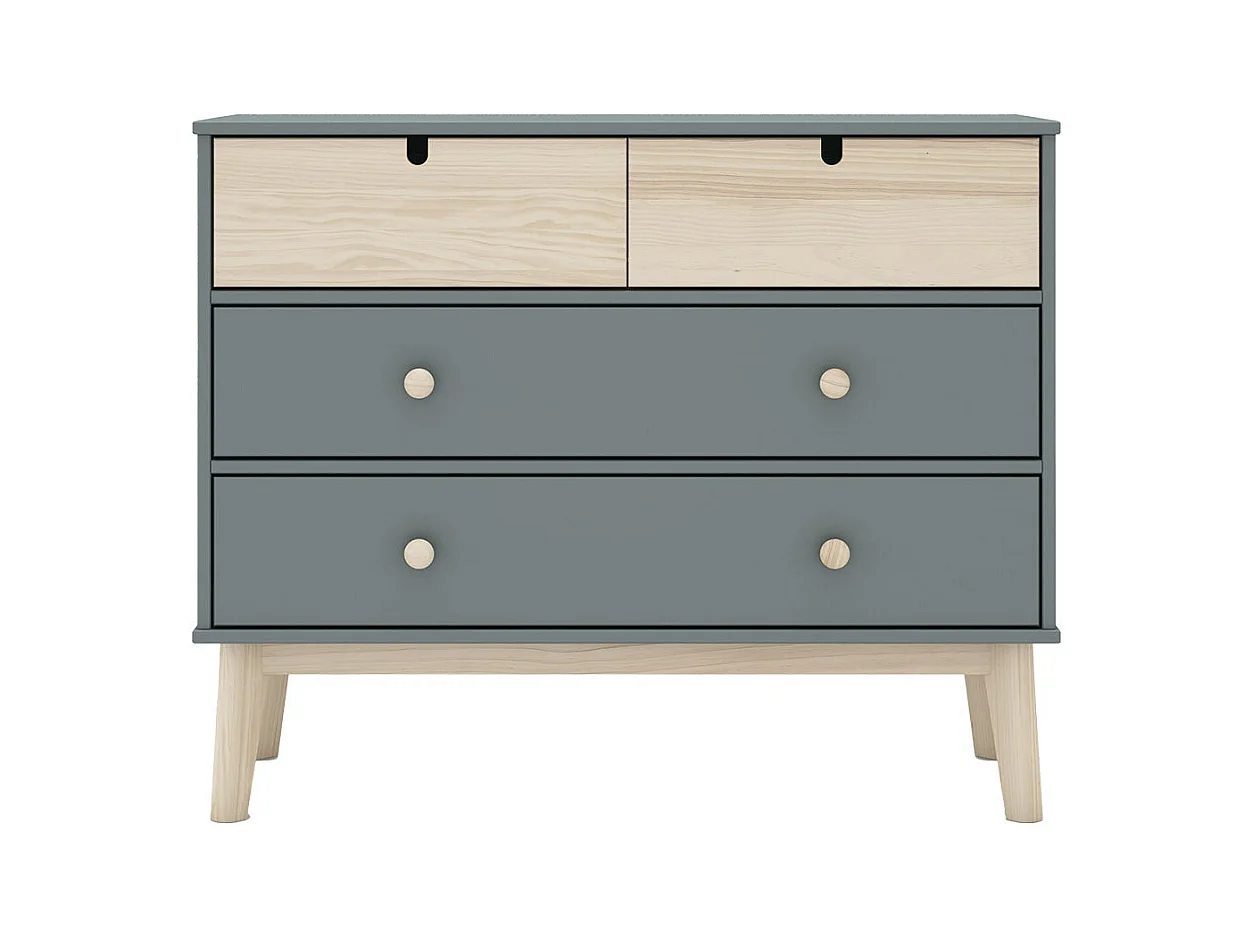 KAINA - Commode 4 Tiroirs MDF et Pin Coloris Gris Vert et Naturel