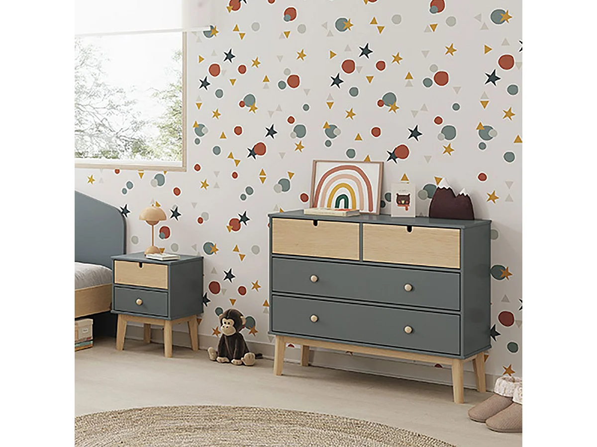 KAINA - Commode 4 Tiroirs MDF et Pin Coloris Gris Vert et Naturel