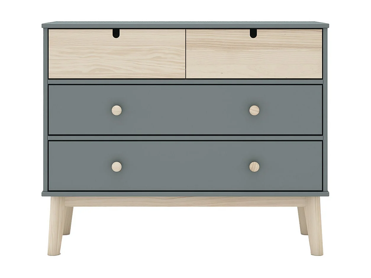 KAINA - Commode 4 Tiroirs MDF et Pin Coloris Gris Vert et Naturel