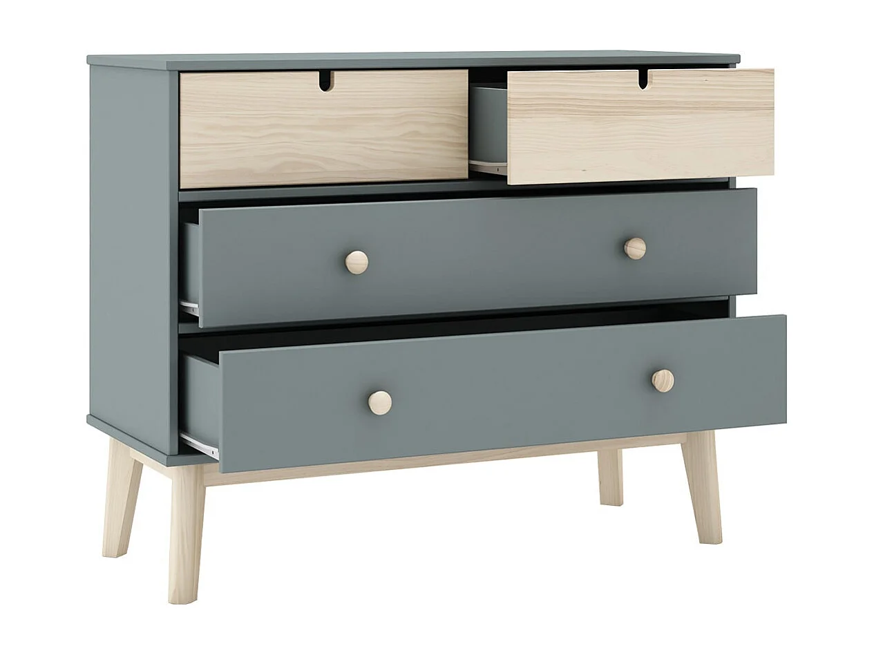 KAINA - Commode 4 Tiroirs MDF et Pin Coloris Gris Vert et Naturel